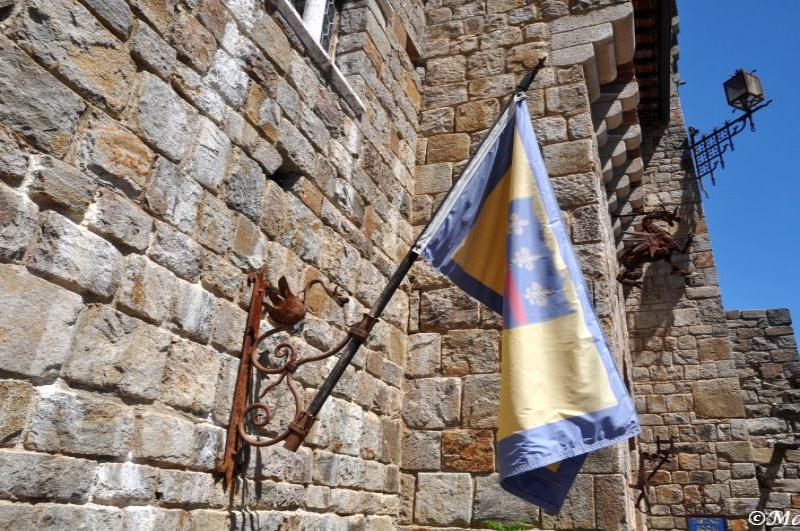 Castello Di Amorosa: флаг с львами и лилиями на каменной стене